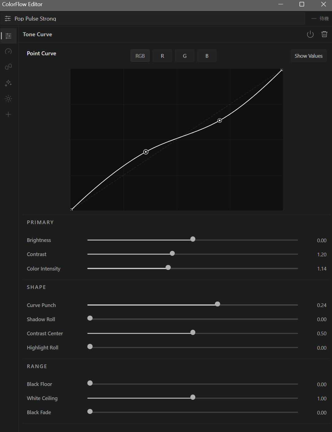 Pop Pulse Strongを開いたColorFlow Editorの実画面
